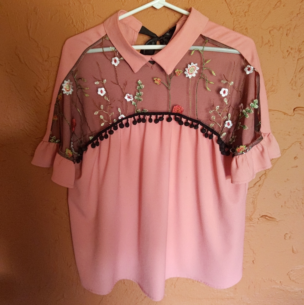 Pink Blouse with Flower Embroidery Detail